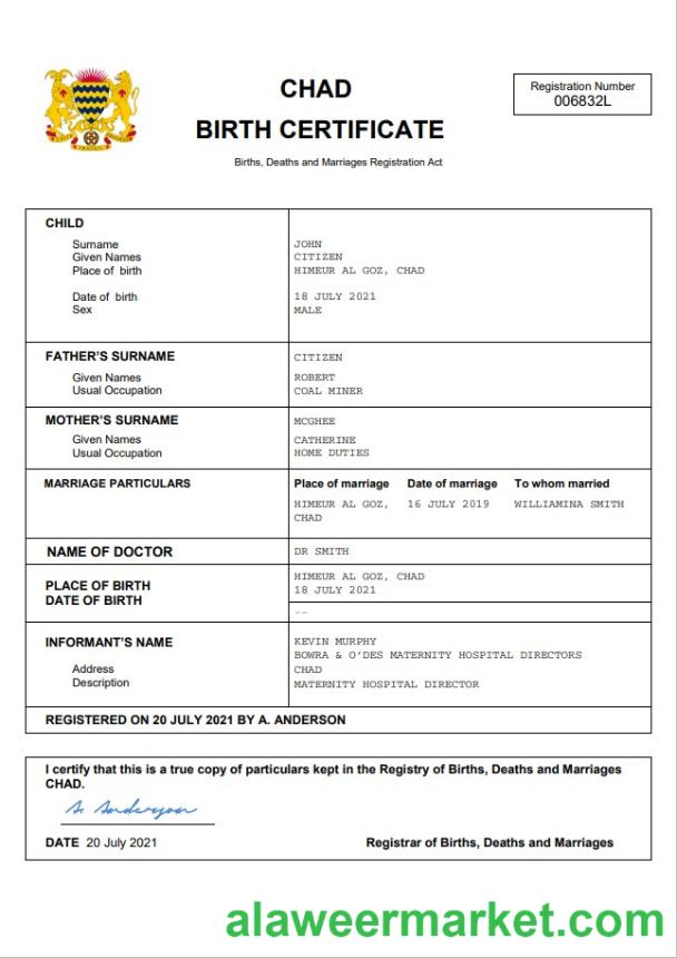 Chad birth certificate Word and PDF template
